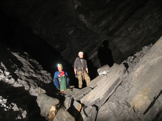 In the collapsed debris that floors the earlier parrts of the mine