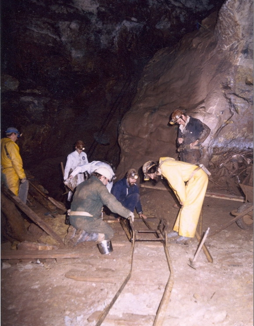 Digging Blue Shaft passage - laying the railway