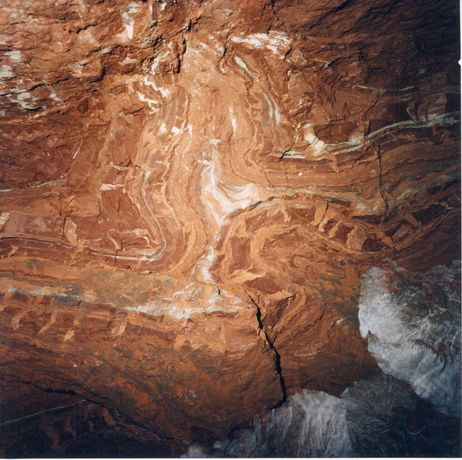 Curious clay formations in the wall which may have developed from the solution of salt