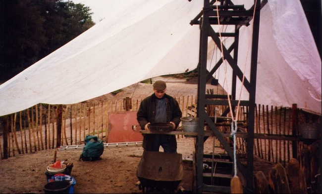 Work on the surface at Pot Shaft. Doug is sifting material excavated from the shaft.