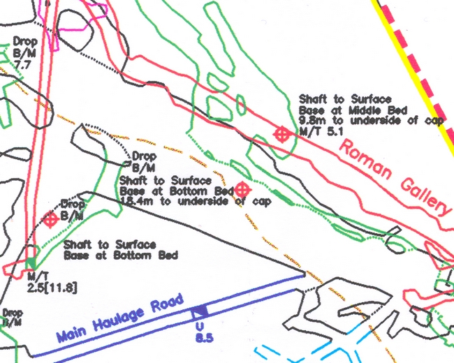 Part of the West Mine survey with passage outlines and locations of shafts. The colours represent different depths. The red and yellow lines are significant surface boundaries.