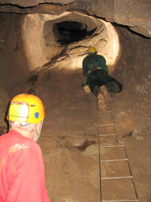 Looking up Doctor's Shaft with Tom on the ladder.