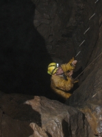 Ladder climbing in Bagshaw Cavern
