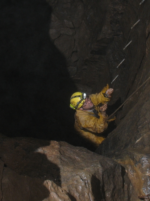 Ladder climbing in Bagshaw Cavern
