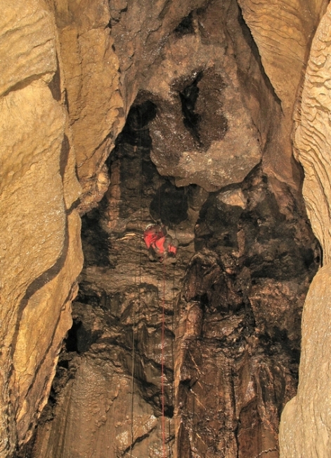 Ascending the entrance pitch in Lancaster Hole, Yorkshire Dales