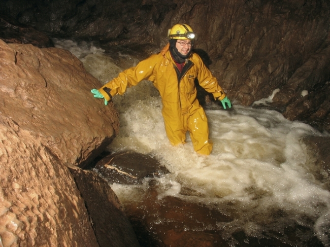 The stream in Bridge Cave, South Wales in high water conditions