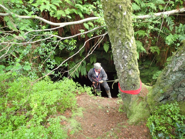 Rick descending the open cut at Allt-y-Crib
