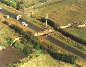 Aerial view of a recent fault movement in New Zealand